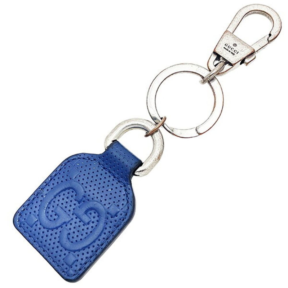 Gucci GG Embossed Keychain Leather Keyring Blue 625607 Tag Charm